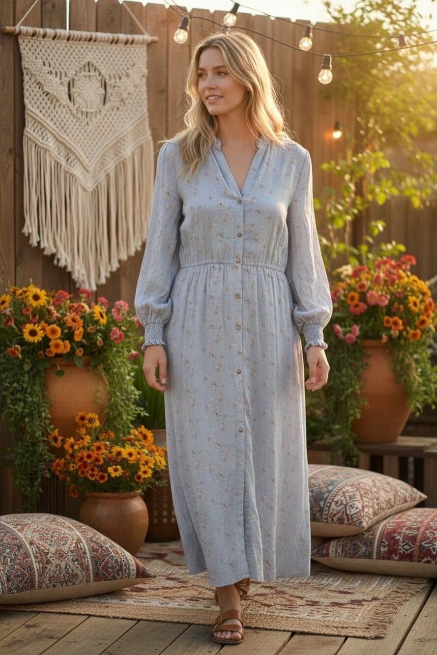 Free People x Jens Pirate Booty Button Down Maxi Dress Ditsy  Blue L
